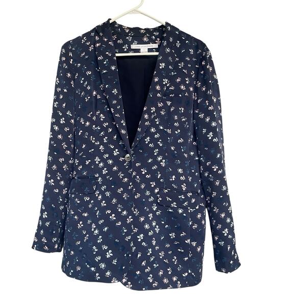 DVF Diane Von Furstenberg Womens Silk Floral Blazer Size 2 Blue Lined Casual - Picture 1 of 12